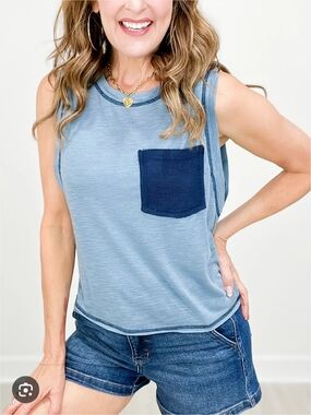 POL Sky Blue Tank Top with Navy Pocket Trim